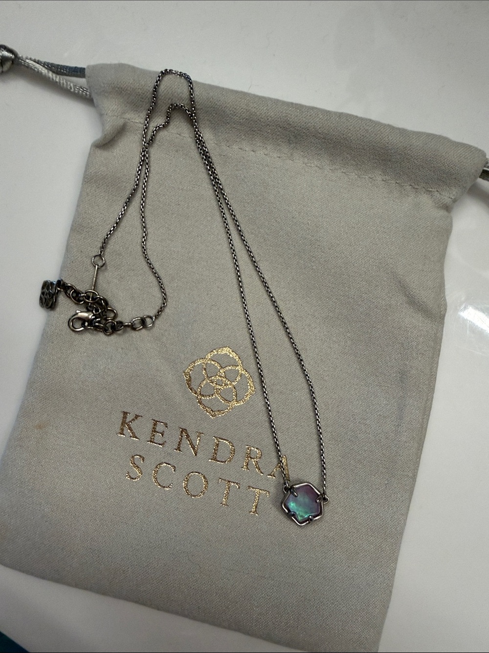 Kendra Scott Silver Necklace with Iridescent Green and Purple Stone